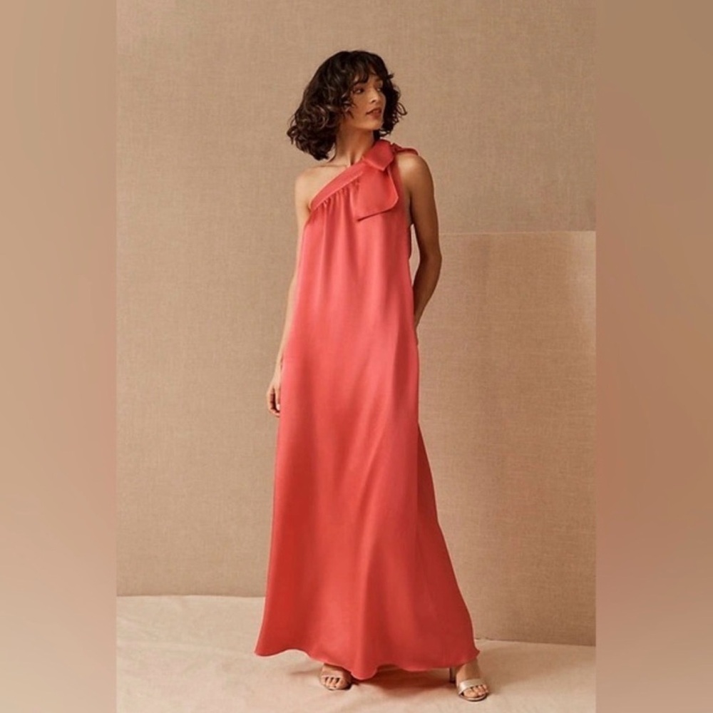 BHLDN Coral-Peach One-Shoulder Maxi Dress with Shoulder Bow